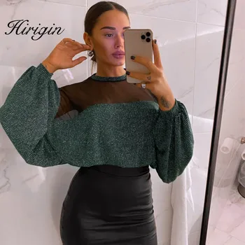 

Tops Women Lantern Sleeve Mesh Bright Wire Patchwork Casual Work Tops print O-Neck Long Sleeves Casual Fashion Pullover