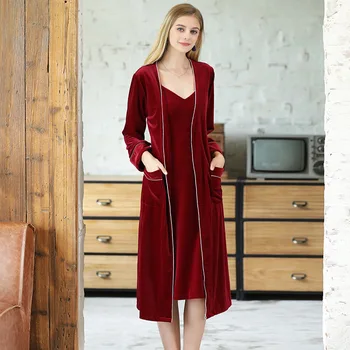 

Autumn And Winter Velvet Women's Nightgown Long Sleeve Medium Thick Sexy One-Piece Robe Pajamas
