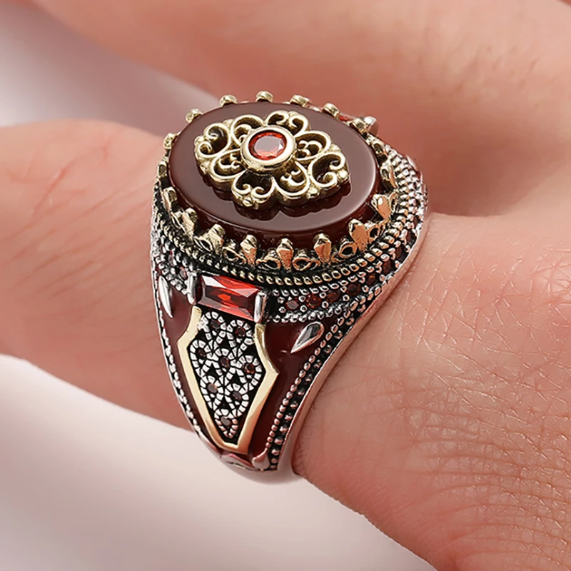 Retro Luxury Natural Red Stone Turkish Handmade Crown Ring Is Suitable for Men and Women Fashion Trend Banquet Jewelry Gifts