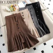 Женские вязаные однотонные юбки с оборками и высокой талией, весна-осень, повседневные юбки с пуговицами, модные 13904