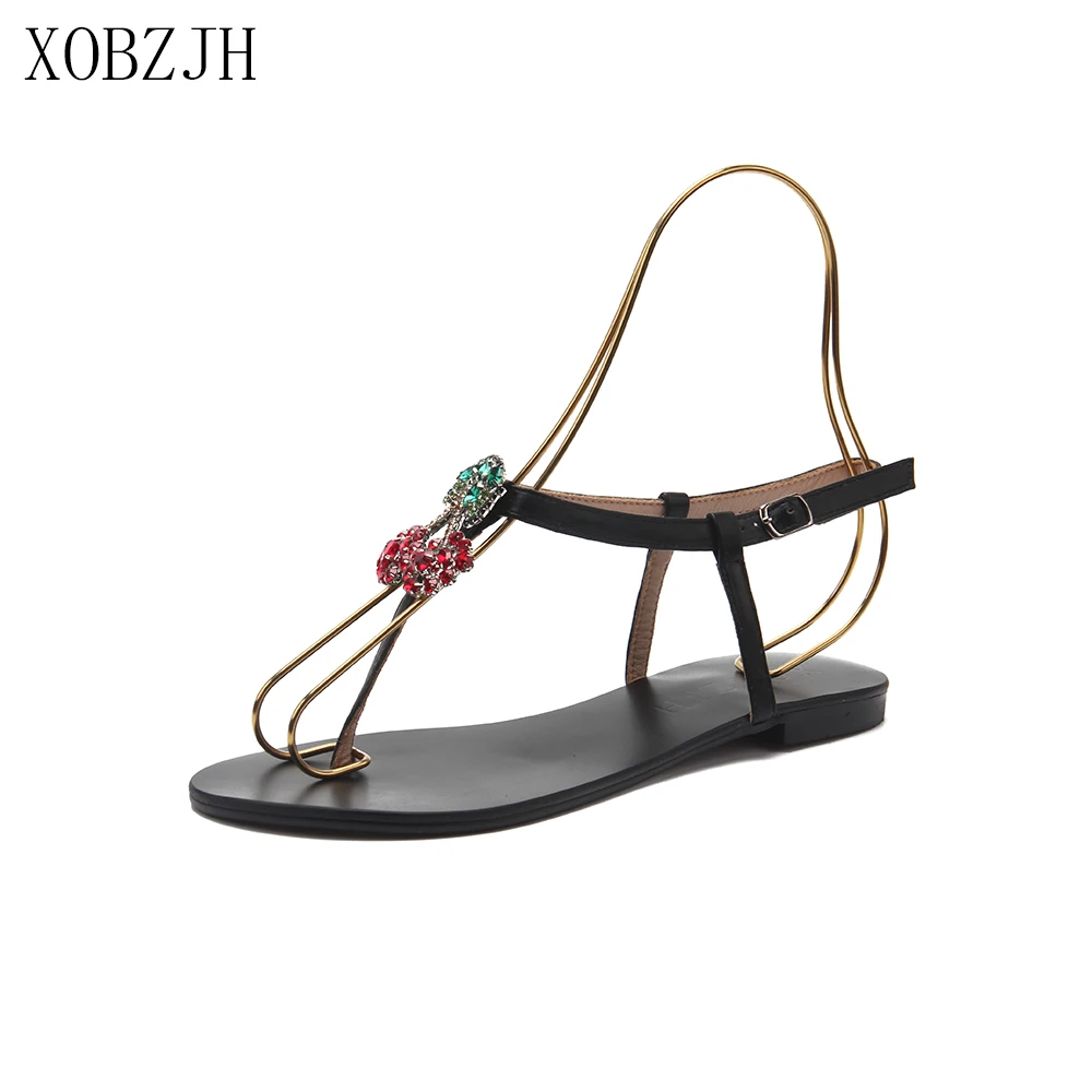 

Summer Flat Sandals Women Shoes 2019 Luxury Brand Designer Sandals Black red gold Lace Up Rhinestone G Sandals Shoes Woman s