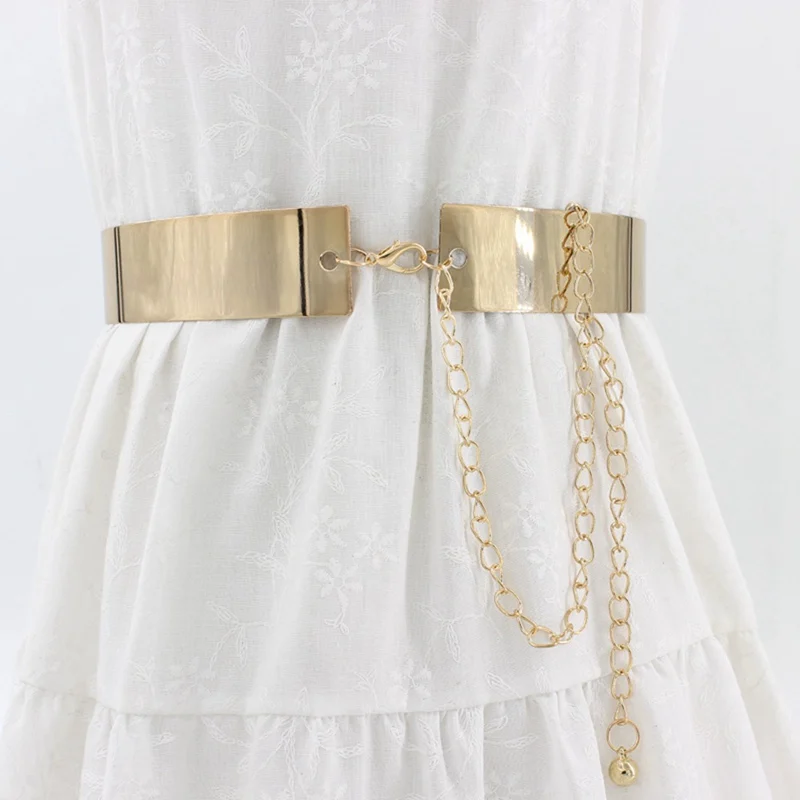 Vintage Metal Waist Belt For Women Mirror Wide Gold Silver Plate Waistband Chains Belt