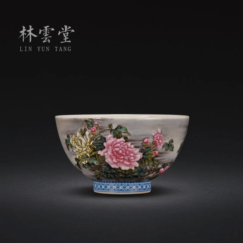 

Lin Yuntang pastel hand-painted month next peony jingdezhen ceramic masters cup kung fu tea cup by hand