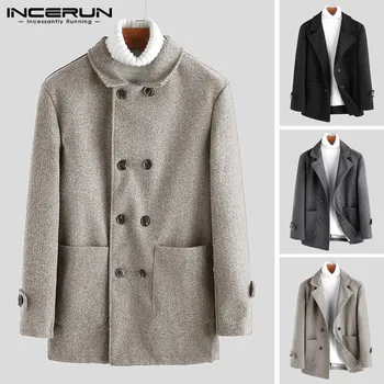 

INCERUN Men Woolen Coats Winter Long Sleeve Trench Solid 2020 Double Breasted Fashion Overcoat British Style Men Outwear Jackets