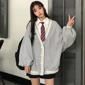 

Autumn Women Loose Cardigan Coat Couple Fashion Korean Stitching Color Jacket Women Button V Neck Casual Coat manteau femme