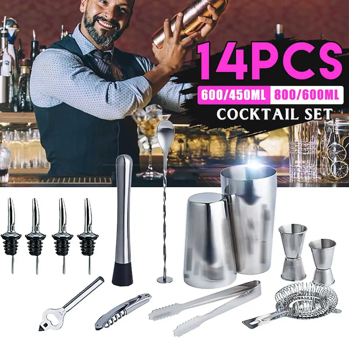 

14Pcs/set 800/600ml Stainless Steel Cocktail Shaker Mixer Drink Bartender Professional Bartending Tools Kit Bar Cocktail Shaker