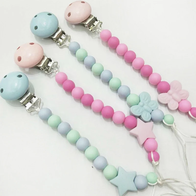 Candy Color Pacifier Clip Chain Holder Wood Silicone Beads Nipple Dummy HolderSG