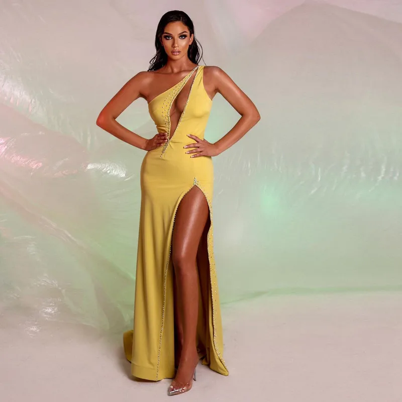 

2024 One Shoulder Prom Dresses Keyhole Beaded Sexy Side Split Women Club Party Evening Gowns Zipper Back Banquet Bride Wear