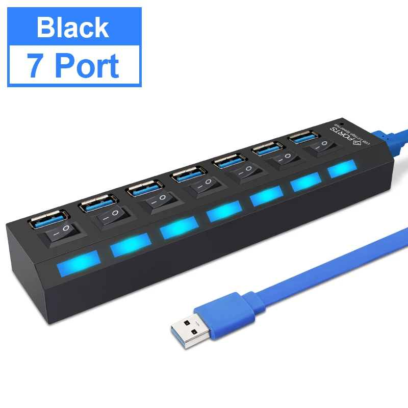 USB 3,0 концентратор несколько USB разветвитель 4/7 порт расширитель Мульти USB Hab с адаптером питания переключатель высокоскоростной концентратор 3,0 для ПК - Цвет: 7 Port Black
