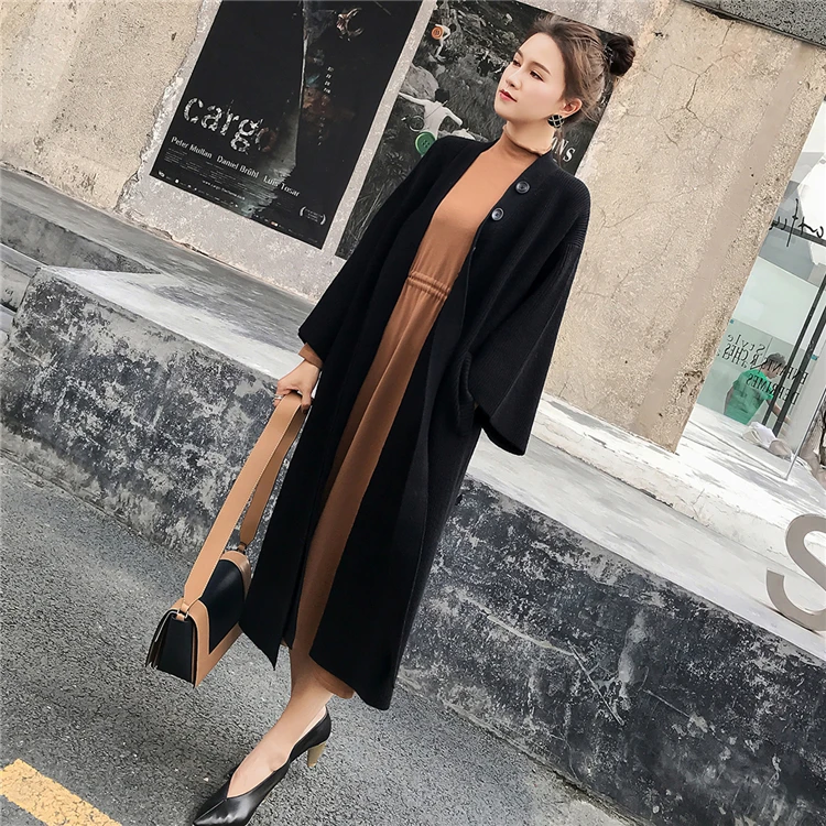 New Autumn Winter Women Jackets Knitting Warm Korean Style Elegant Casual Long Coat Outerwear Ladies F039