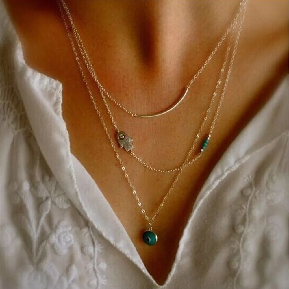Trendy 3 Layers Fatima Hand &Eye Multilayer Chain Necklace Long Pendant Necklaces Fashion Jewelry Gift For Girls