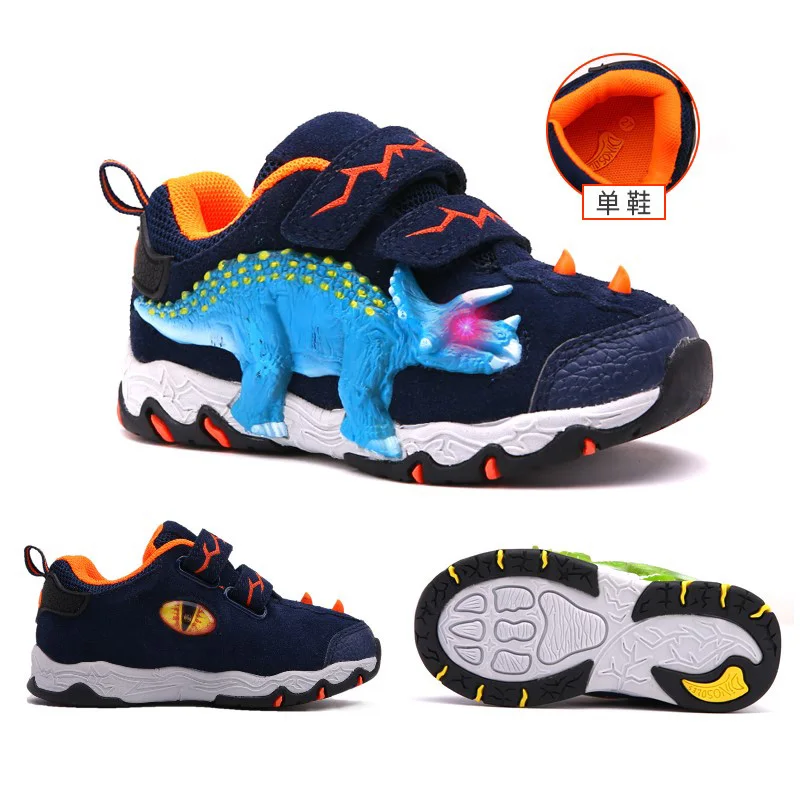 DINOSKULLS для мальчиков от 3 до 10 лет Осенняя обувь динозавр светодиодный светящиеся кроссовки детская спортивная обувь 3D T-rex в парк развлечений детские, из натуральной кожи; обувь - Цвет: DK.blue-4 LED