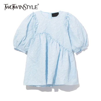 

TWOTWINSTYLE Casual Asymmetrical Women Shirts O Neck Lantern Half Sleeve Loose Patchwork Ruffles Irregular Loose Blouses Female