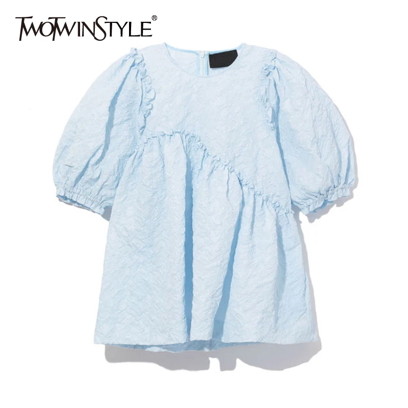 TWOTWINSTYLE Casual Asymmetrical Women Shirts O Neck Lantern Half Sleeve Loose Patchwork Ruffles Irregular Loose Blouses Female TWOTWINSTYLE Casual Asymmetrical Women Shirts O Neck Lantern Half Sleeve Loose Patchwork Ruffles Irregular Loose Blouses Female