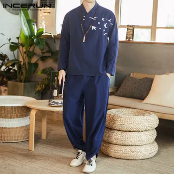 

Mens Embroidery Solid Suits INCERUN Chinese Style Cotton Sets Long Sleeve Buttons Tops Elastic Pants Loose Suits Mens Cozy Sets