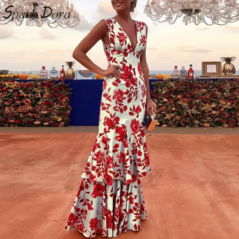 

SparkDora Spring And Summer 2020 Printed Maxi And Floor Long dress Sexy Sleeveless Mid Waist Deep V Ruffle Dress