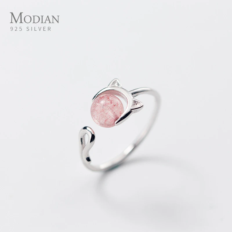 Modian Pink Crystal Cute Cat Face Open Adjustable Ring for Women Fashion Sterling Silver 925 Animal Ring Fine Jewelry Bijoux