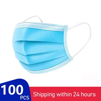 

In Stock Face Mask 100Pcs Disposable 3 Layer Nonwove Filter Disposable Mouth Mask Filter Earloop Breathable Melt-blown Masks