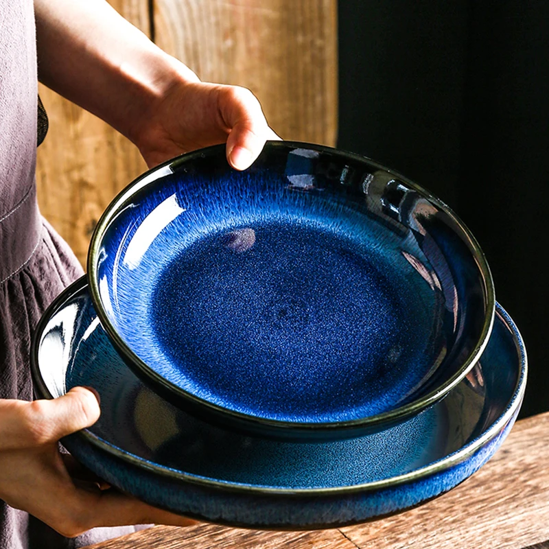 1/2pcs Japanese Ceramic Deep Round Dish Soup Pasta Plate Family Salad Fruit Plate Procelain Large