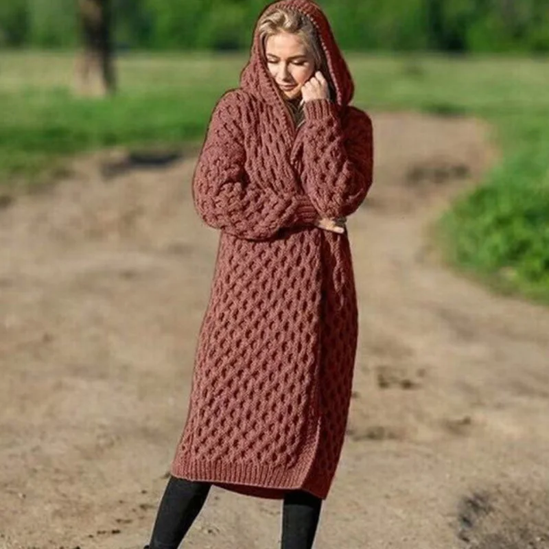 Плюс размер 5XL с капюшоном, вязаный кардиган для женщин, скрученный вязаный женский длинный кардиган, Осень-зима, свитера, пальто для женщин - Цвет: Rust red