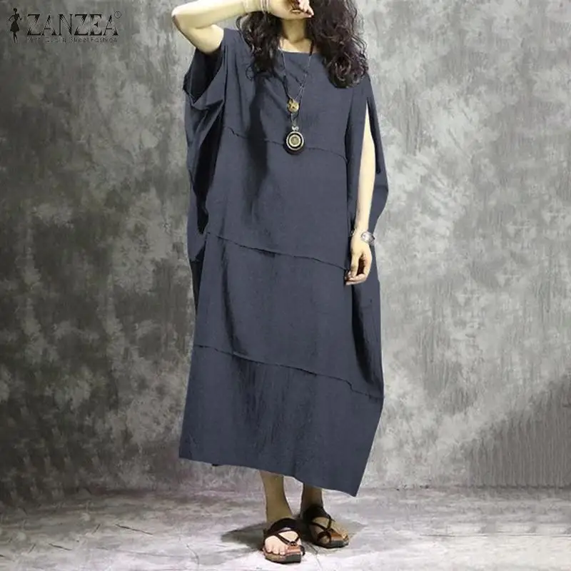 ZANZEA Винтаж для женщин с открытыми плечами сарафан летнее длинное платье Vestido кафтан Половина рукава Твердые мешковатые хлопковые льняные платья туника