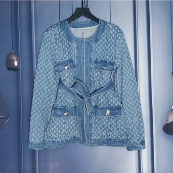

Vintage Blue Denim Jacket With Belt Waisted Ripped Hole Women Coat 2020 Autumn Long Sleeve Pockets Streetwear New