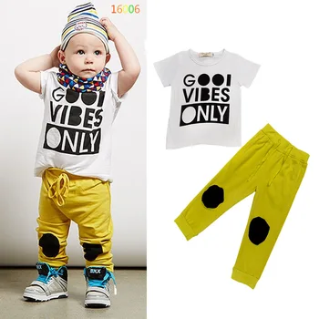 

Summer 2020 New Boy Suits Fashionable English Word Letter Short Sleeves T-shirt with Yellow Long Pants Children Clothes Set