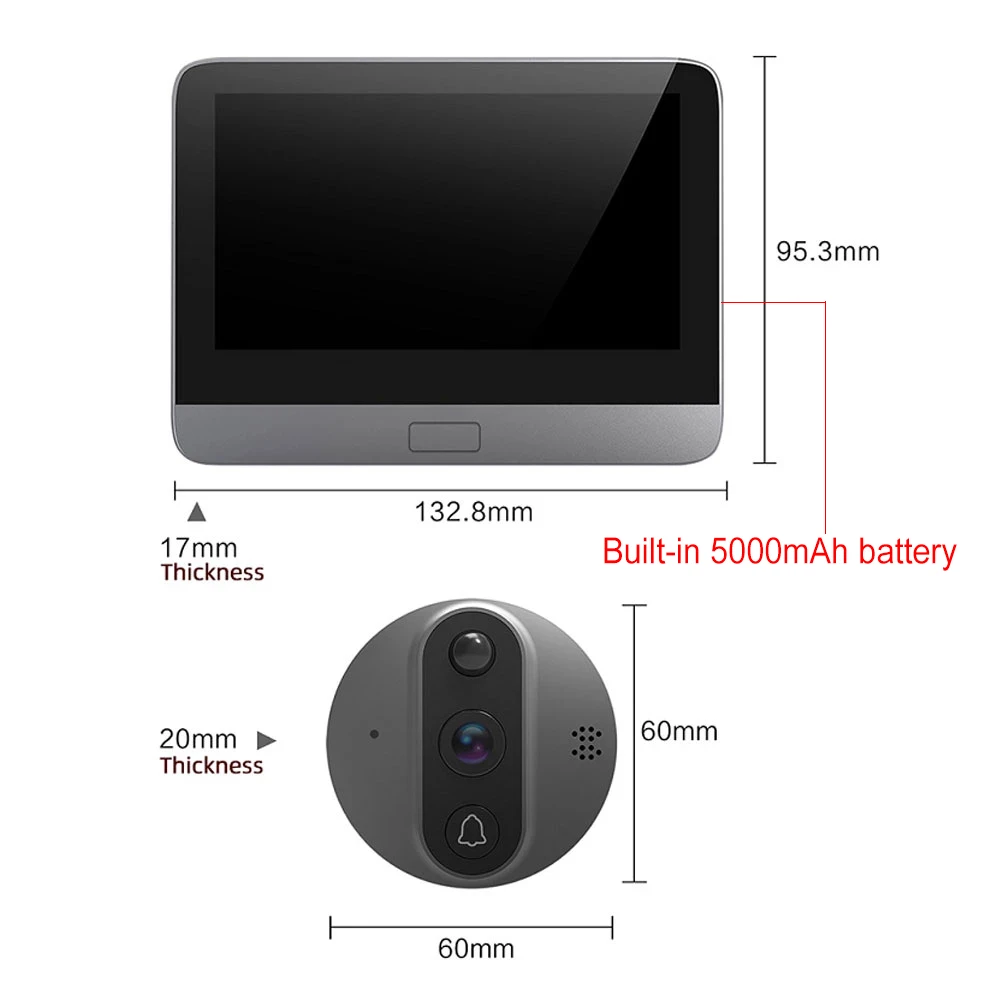 Tuya WiFi Video Doorbell 4.3 Inch HD 720P Camera Color Screen Smart Doorbell Two-Way Audio Night Vision 3000mA Battery