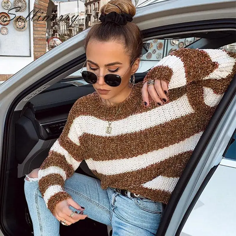 

Sollinarry Long Sleeve Stripe Women Retro Sweaters Pullovers Winter Crewneck Autumn Casual Jumper Female streetwear Sweater Tops