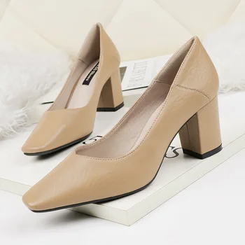

2020 New Spring Women Pumps High Block Heel Square Toe Shallow Casual Fashion Women Shoes Camel Sexy Office Ladies High Heels
