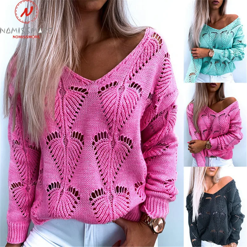 Suéteres de moda para mujer, suéteres de manga larga con cuello en V, diseño calado, Color sólido, parte superior suelta de punto, informal, Otoño e Invierno