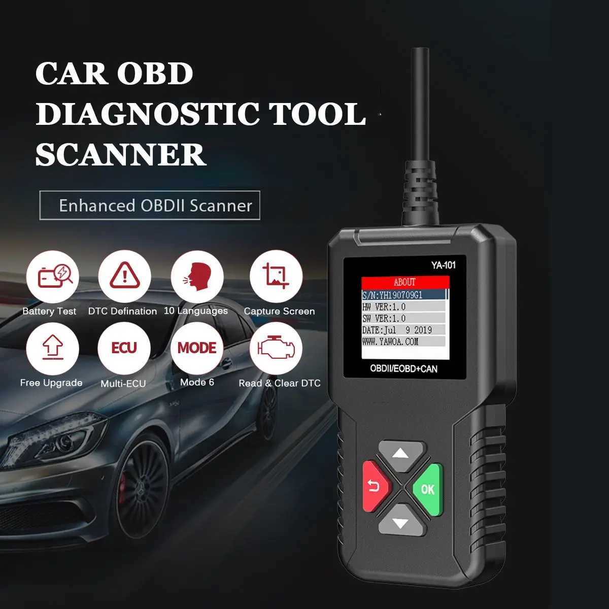 Auzan YA101 OBD Автомобильный диагностический инструмент, диагностический инструмент для тестирования батареи, коды ошибок считывания, чистый OBD Автомобильный сканер