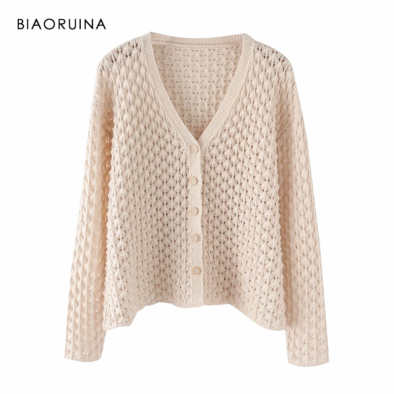 BIAORUINA Women Casual Solid Knitted Cardigans Female Fashion Single Breasted V-neck Sweater Hollow Out All-match Sweaters |