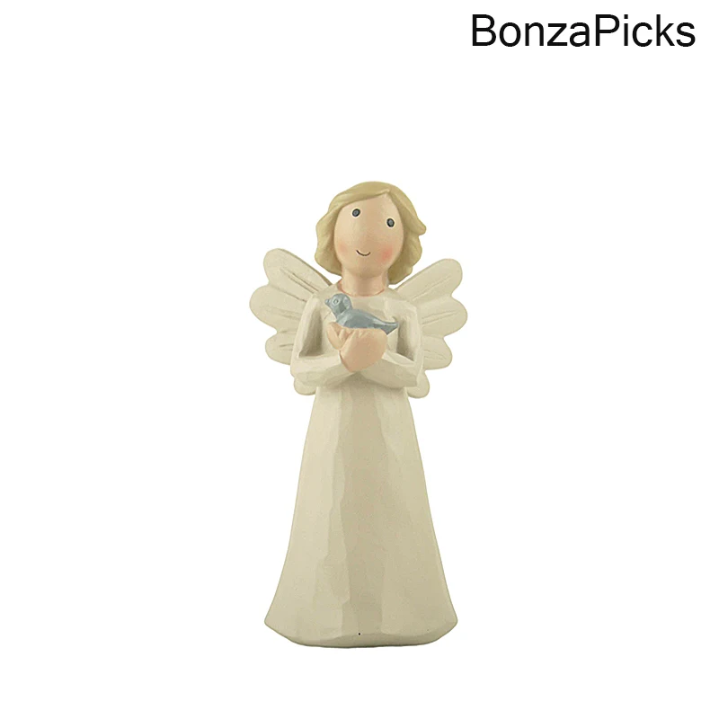 Bonzapicks Lovely Little Angel Holding Small Bird Con Ali Bianche Figurine Cream Statue Per Accessori Per La Decorazione Domestica