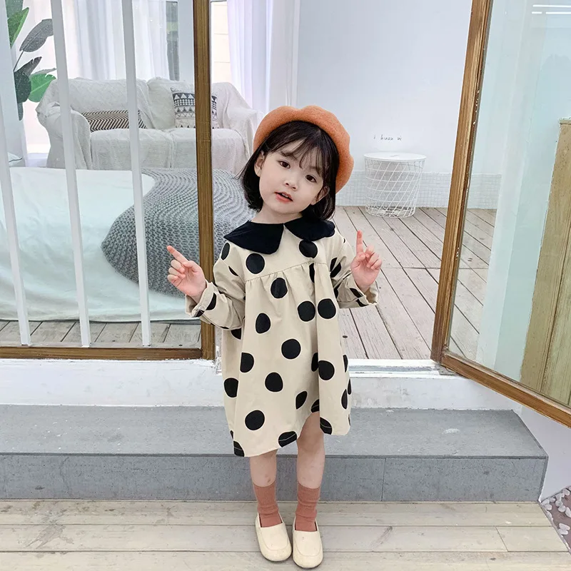 

New autumn Korean style sweet full dot print turn down collar long-sleeved dress for girls