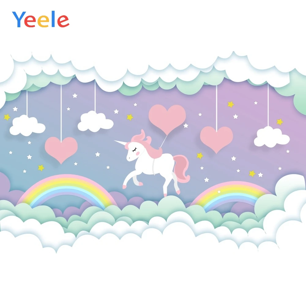 

Lovely Unicorn Rainbow Heart Star Sky Cloud Baby Birthday Backdrop Photography Custom Photographic Background For Photo Studio