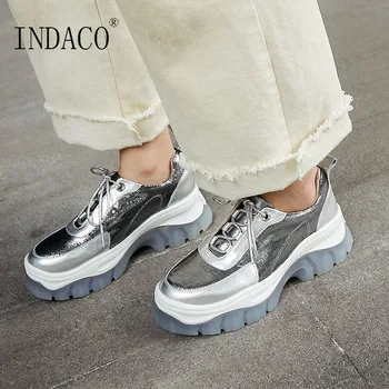 

Comfortable Casual Shoes for Spring Autumn Silver Leather Sneakers Women 6cm