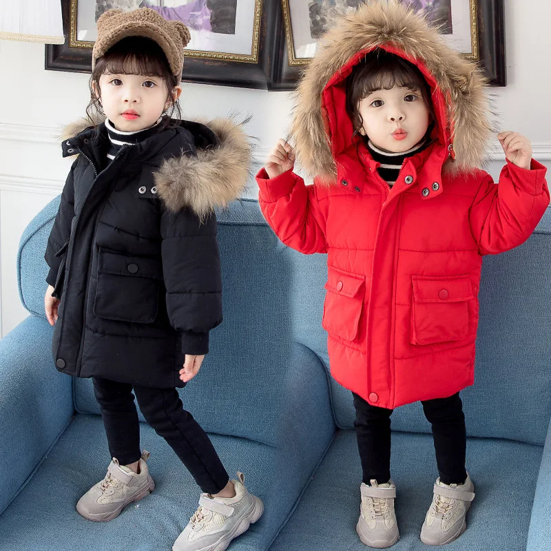 

Girls Solid Color Long Cotton-padded Clothes Korean-style Winter Baby Large Fur Collar Brushed And Thick Western Style Coat Fash