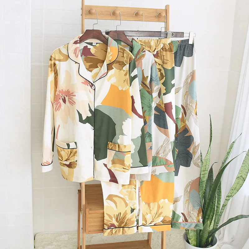 New Spring Autumn Sleepwear 2 Piece Sets for Women's Cotton Pajamas Turn-down Collar Homewear Large Size Pijama Pyjama XL