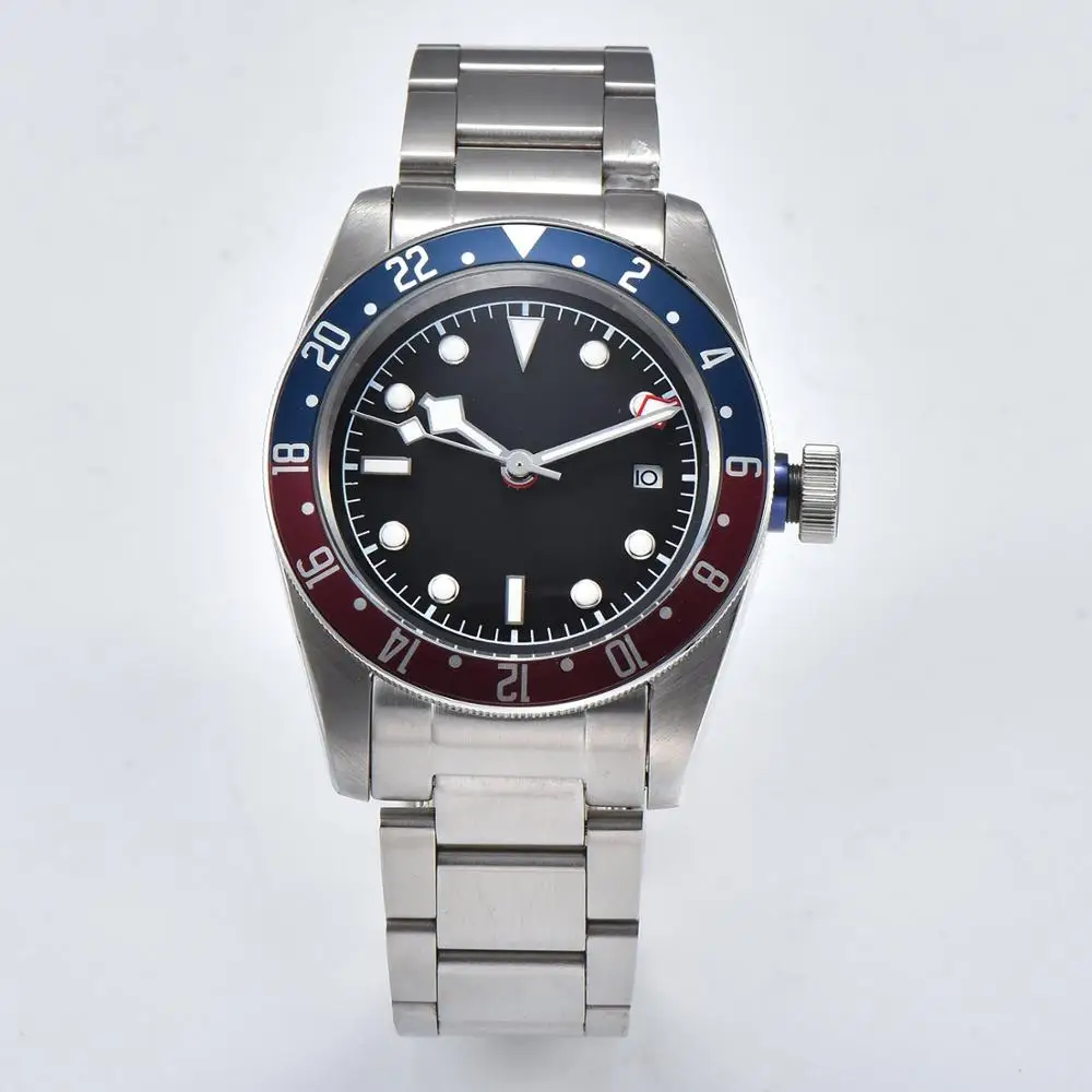 

automatic GMT mens watch 41mm 316L stainless steel case black sterile dial date 01