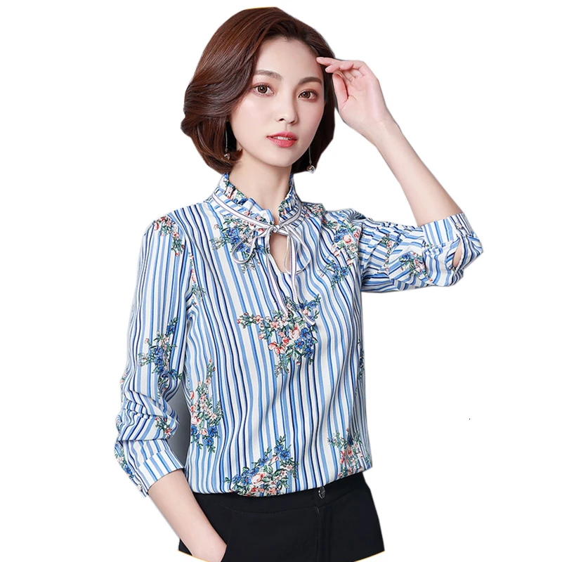 

New Chiffon Blouse Elegant Female Print Chiffon Shirt Fashion Long Mouw Hollow Stitches Casual Women Tops YM661