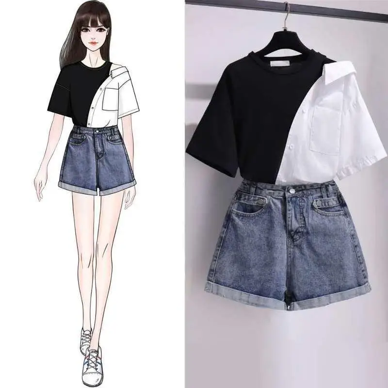 ICHOIX 2 Piece Set Women Tops And Shorts Off-shoulder Blouse Summer Outfits Korean Style Clothes Cute Girl Suit 2PCS |