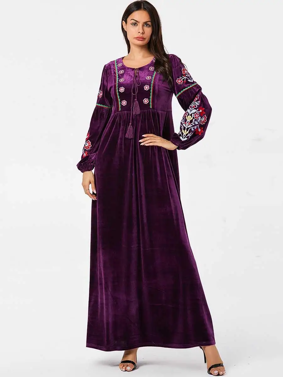 Мусульманское abaya женское бархатное платье макси с длинным рукавом вышивка кафтан jilbaw свободная одежда Дубай плюс размер Осенняя мода