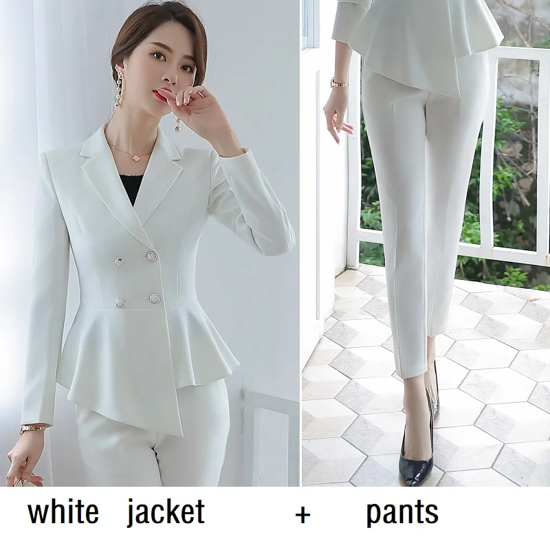white jacket pants Женские костюмы тонкая Осенняя однотонная куртка и штаны комплект из 2 предметов OL формальные деловые женские брючные костюмы женский комплект костюмы 331 - Цвет: white jacket pants