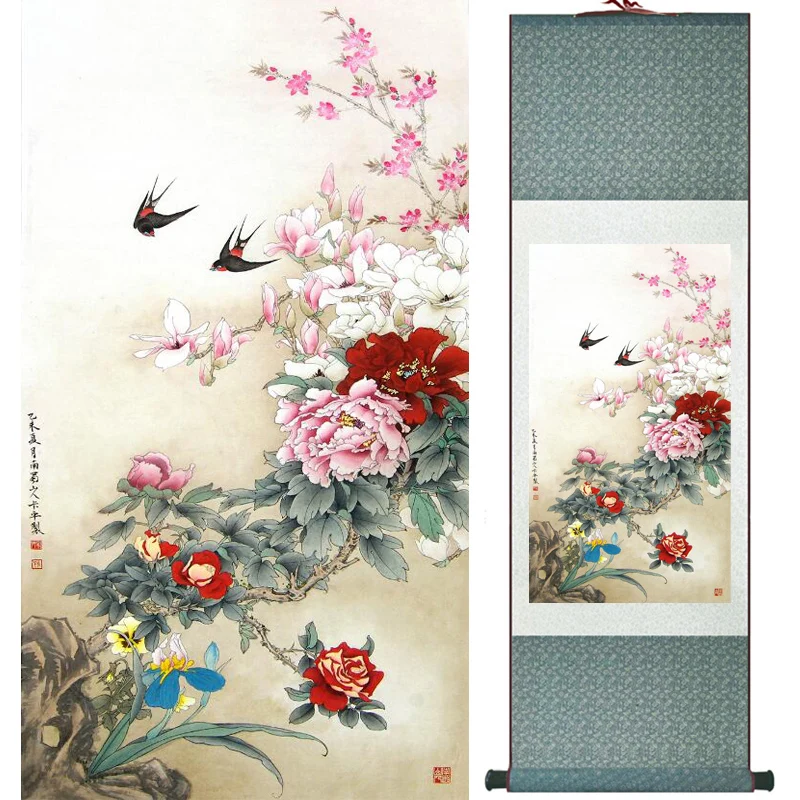 

peony Painting Home Office Decoration Chinese scroll painting birds painting peony and birds paintings LTW2017112320
