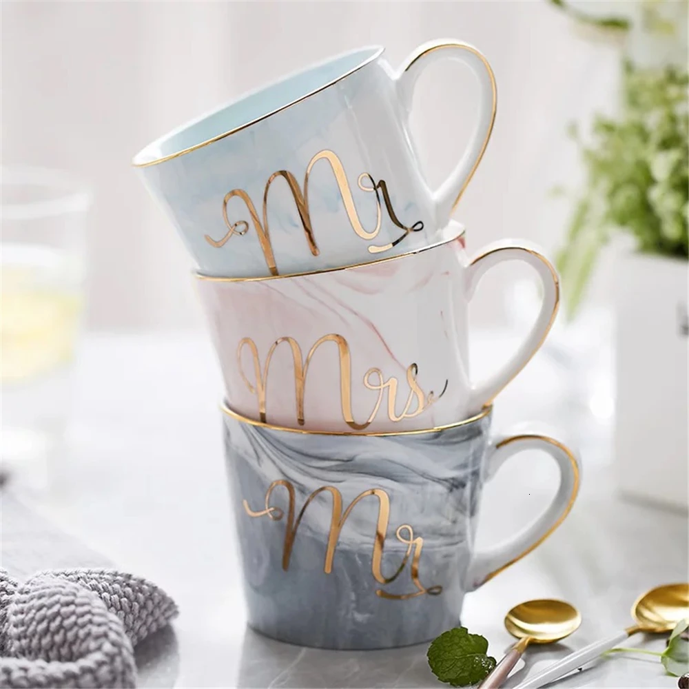 Handpainted Gold Monogram Natural Marble Porcelain Coffee Mug Mr and Mrs Tea Milk Cups and Mugs Creative Wedding Gift (2)