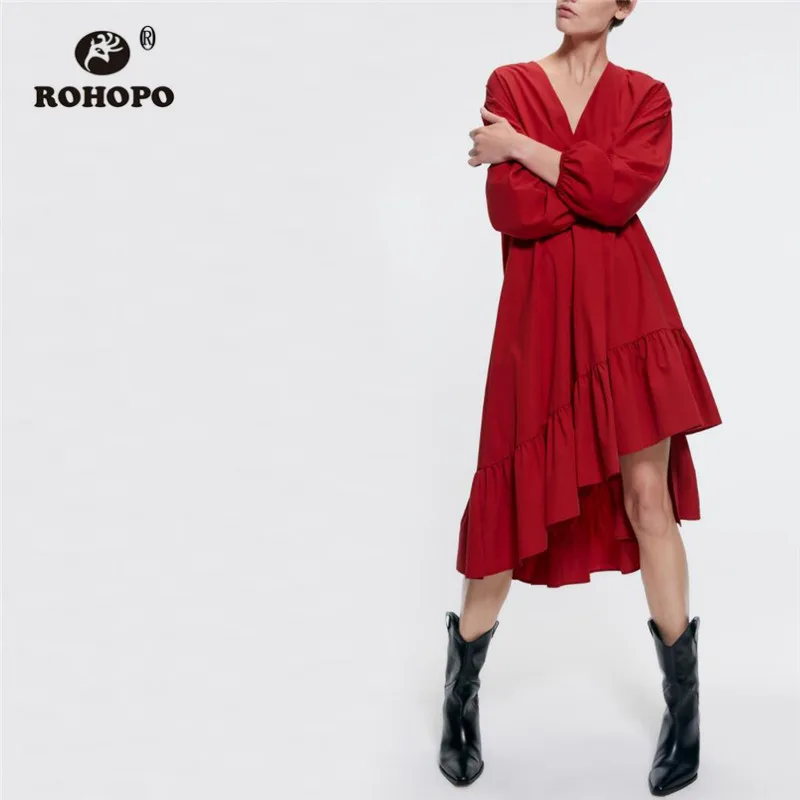 

ROHOPO V Collar Long Sleeve Asymmetric Red Poplin Midi Dress Cascading Ruffled Chic Female Solid Party Vestido #19171