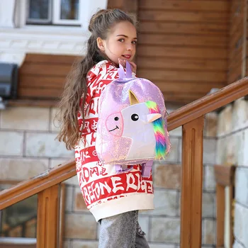 

Sequin Women Unicorn Backpack Student Schoolbag Zipper Backpack Colorful Fur Pack Women Shoulder Bag For Children