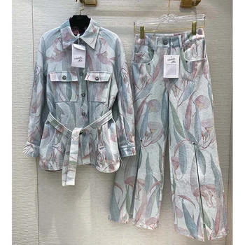 

Cosmicchic 2020 Women 2 Piece Set Runway Design Flower Print Denim Belt Jacket Long Wide Leg Pants Female Outfit Suit