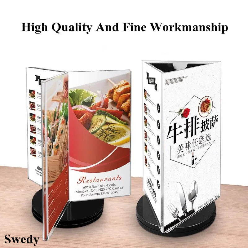 360 Degree Rotating Restaurant Menu Sign Holder Display Stand Three Side Coutertop Acrylic Table Number Poster Picture Frame three side rotating plastic sign holder stand picture photo ad display frame tabletop menu holder display stand